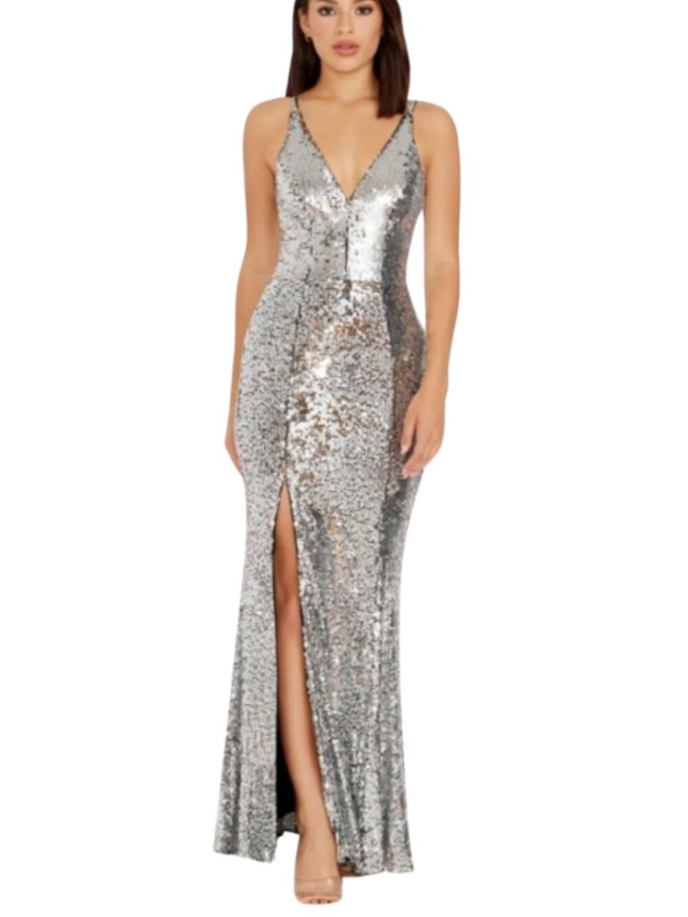 DRESS THE POPULATION Iris Silver Sequin Dress Elegant Party Prom Wedding XXS NWT